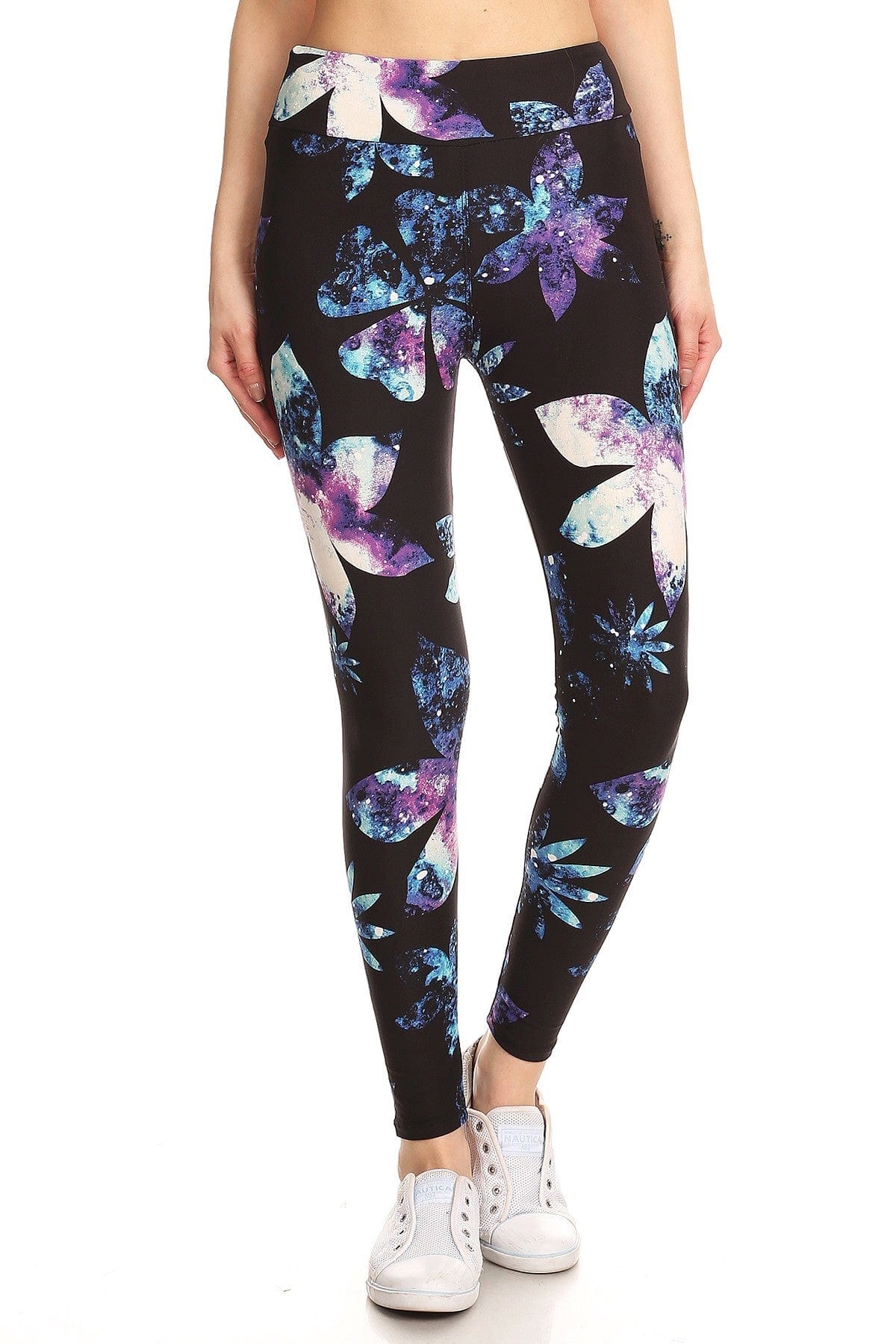 Yoga Style Banded Lined Galaxy Silhouette Floral Print, Full Length Leggings In A Slim Fitting Style With A Banded High Waist - SIUM