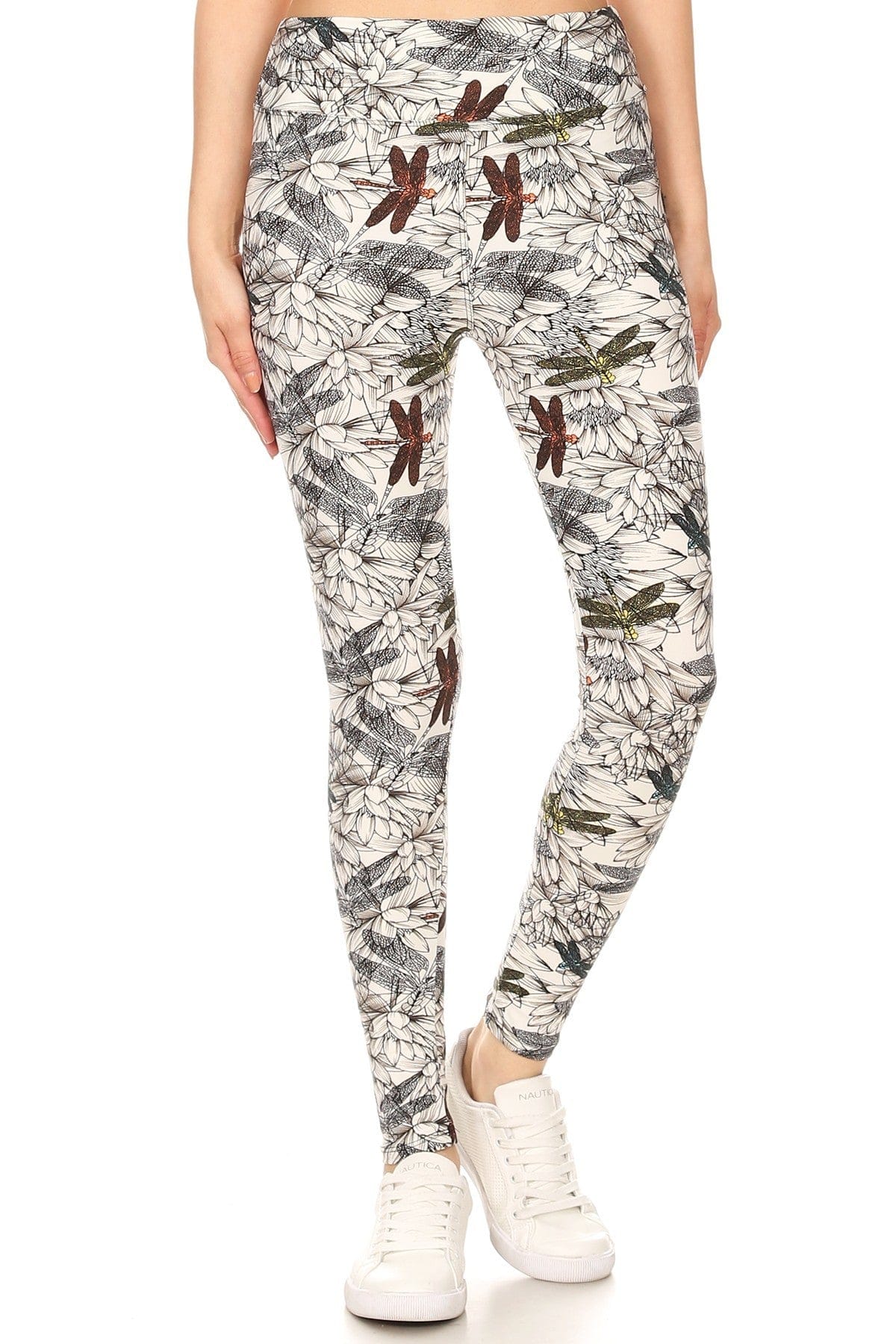 Yoga Style Banded Lined Dragonfly Print, Full Length Leggings In A Slim Fitting Style With A Banded High Waist - SIUM