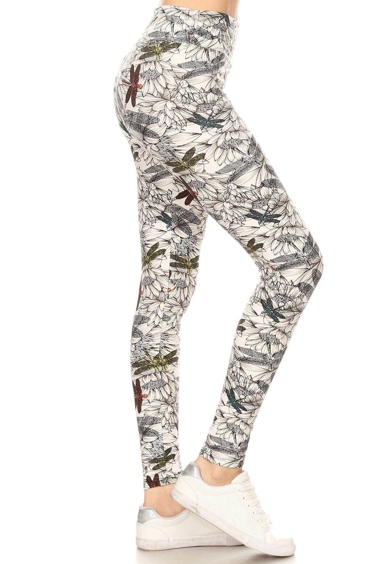 Yoga Style Banded Lined Dragonfly Print, Full Length Leggings In A Slim Fitting Style With A Banded High Waist - SIUM