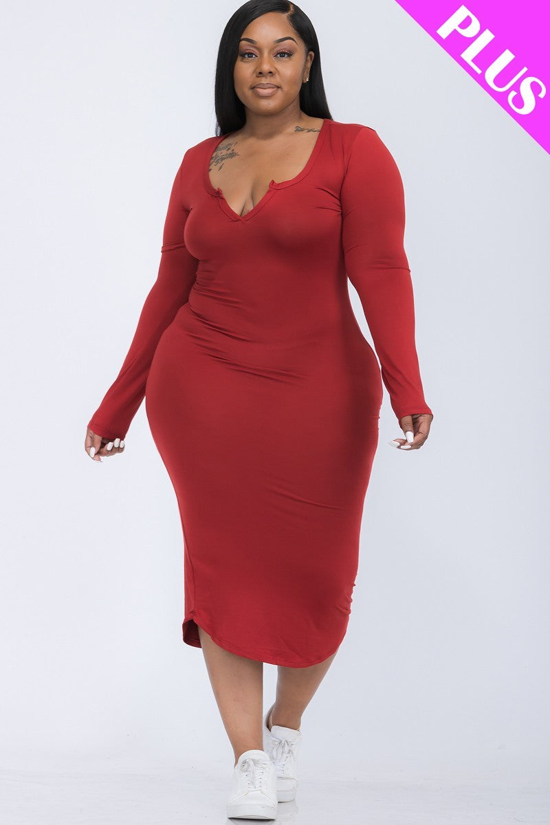 Plus Size Split Neck Long Sleeve Midi Dress - SIUM