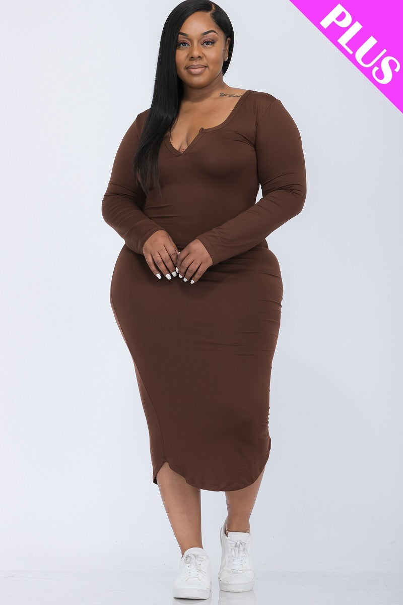 Plus Size Split Neck Long Sleeve Midi Dress - SIUM