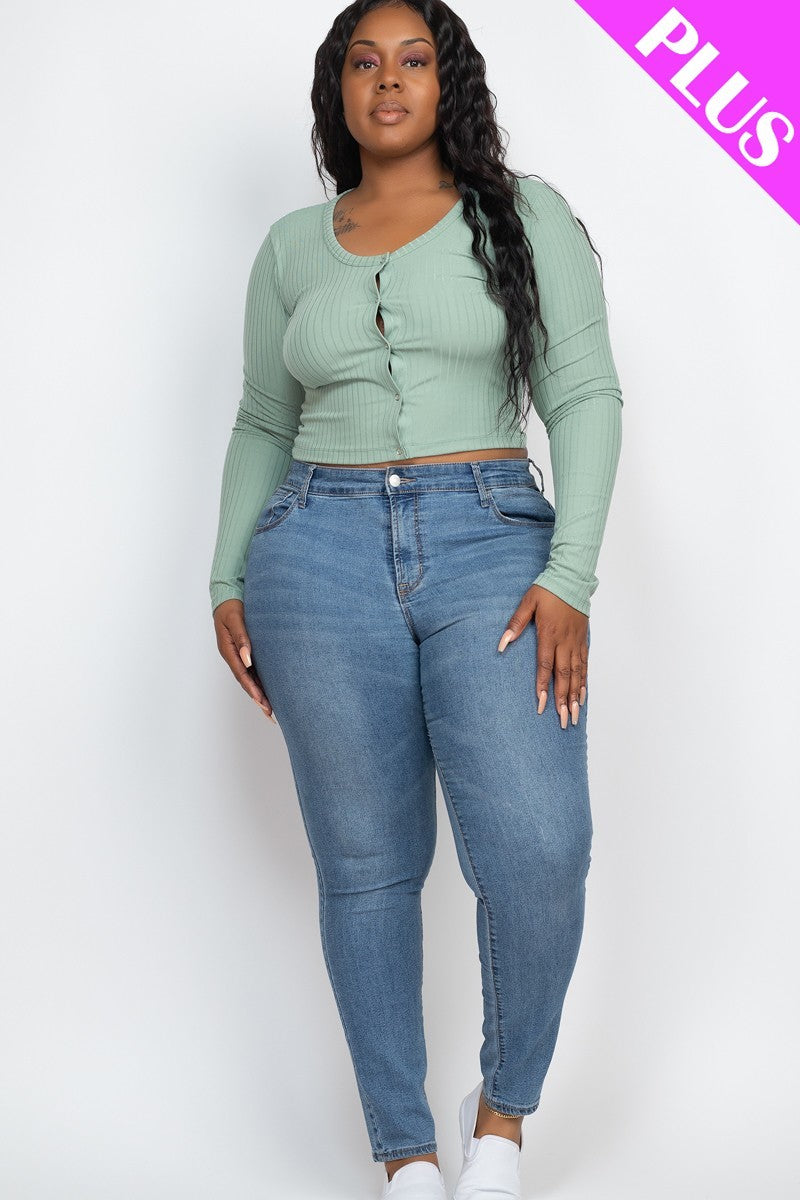 Plus Size Button Up Cropped Top - SIUM