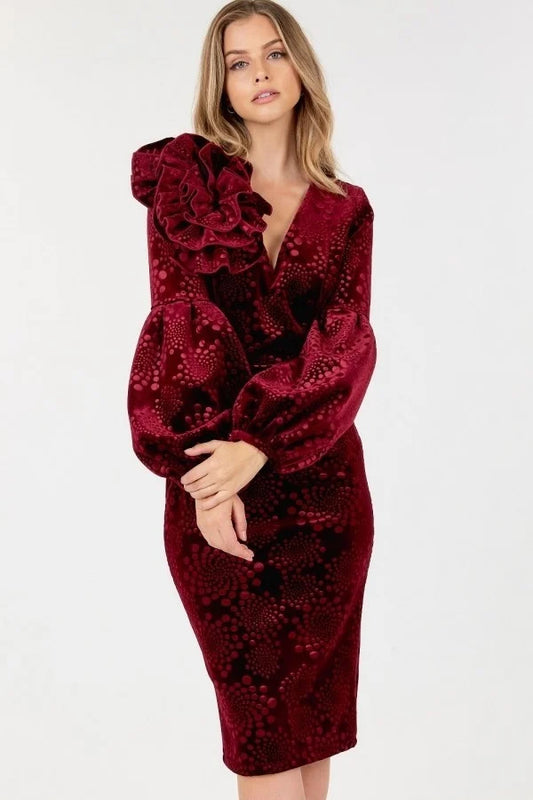 Flower Patch Flocked Velvet Fitted Midi Dress With Puff Sleeves - SIUM