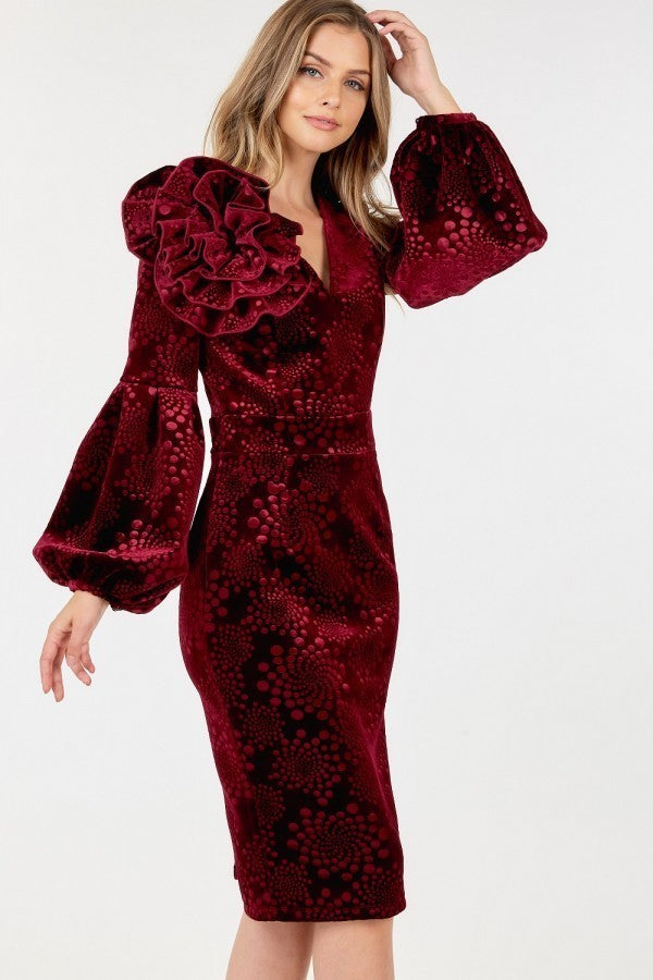 Flower Patch Flocked Velvet Fitted Midi Dress With Puff Sleeves - SIUM