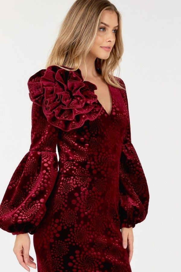 Flower Patch Flocked Velvet Fitted Midi Dress With Puff Sleeves - SIUM