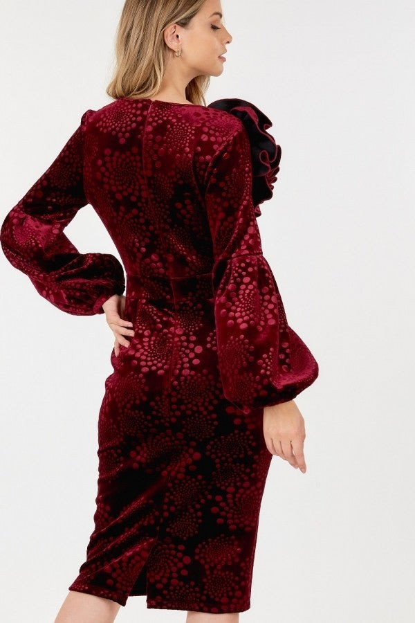 Flower Patch Flocked Velvet Fitted Midi Dress With Puff Sleeves - SIUM