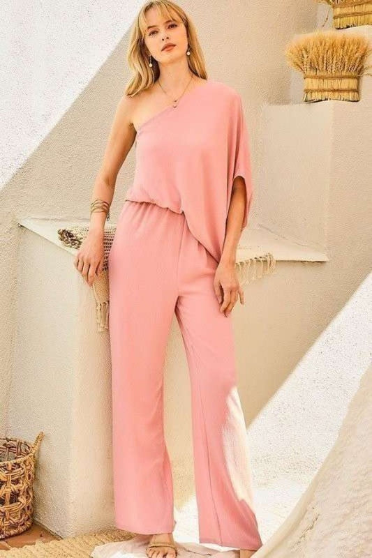 One Shoulder 3/4 Sleeve Unbalanced Waist Elastic Solid Pants Jumpsuit - SIUM