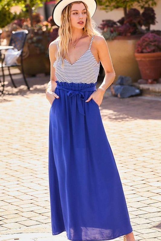 Striped Print Cami Sol Top Hi-waist Skirt Side Pocket Maxi Dress - SIUM