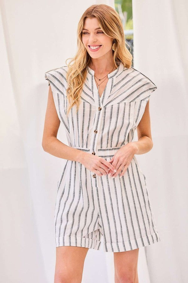 Notched Neck Button Elastic Band Waist Stripe Print Romper - SIUM