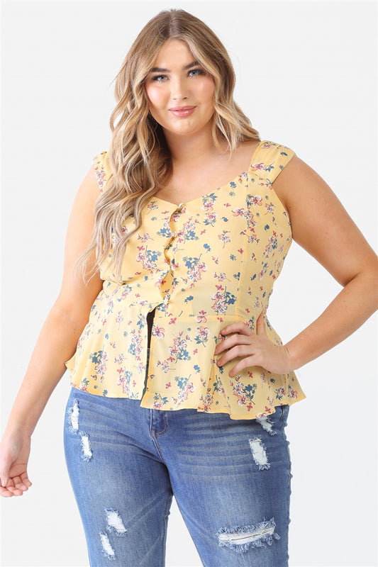 Plus Floral Button-up Sleeveless Flare Hem Top - SIUM