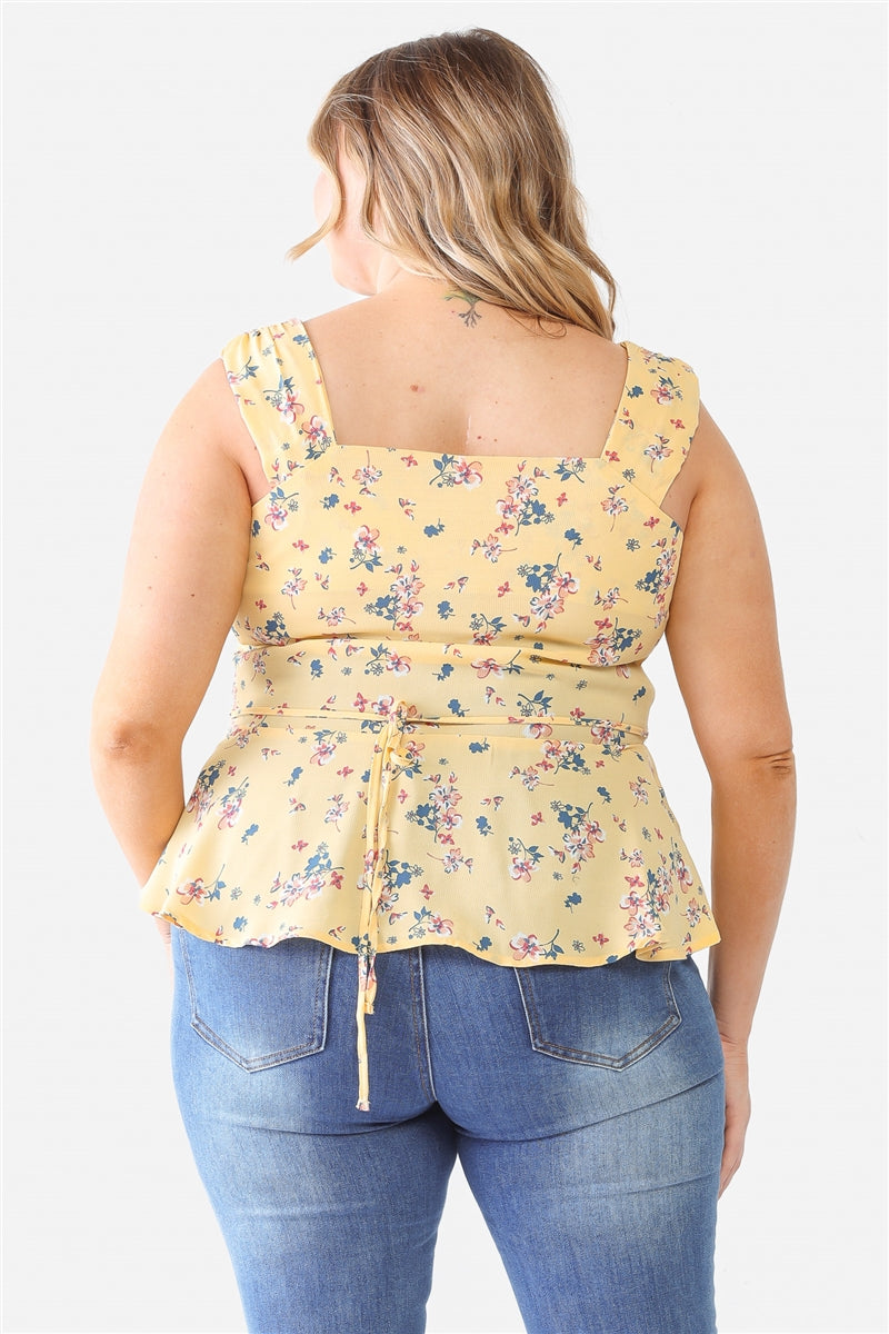 Plus Floral Button-up Sleeveless Flare Hem Top - SIUM