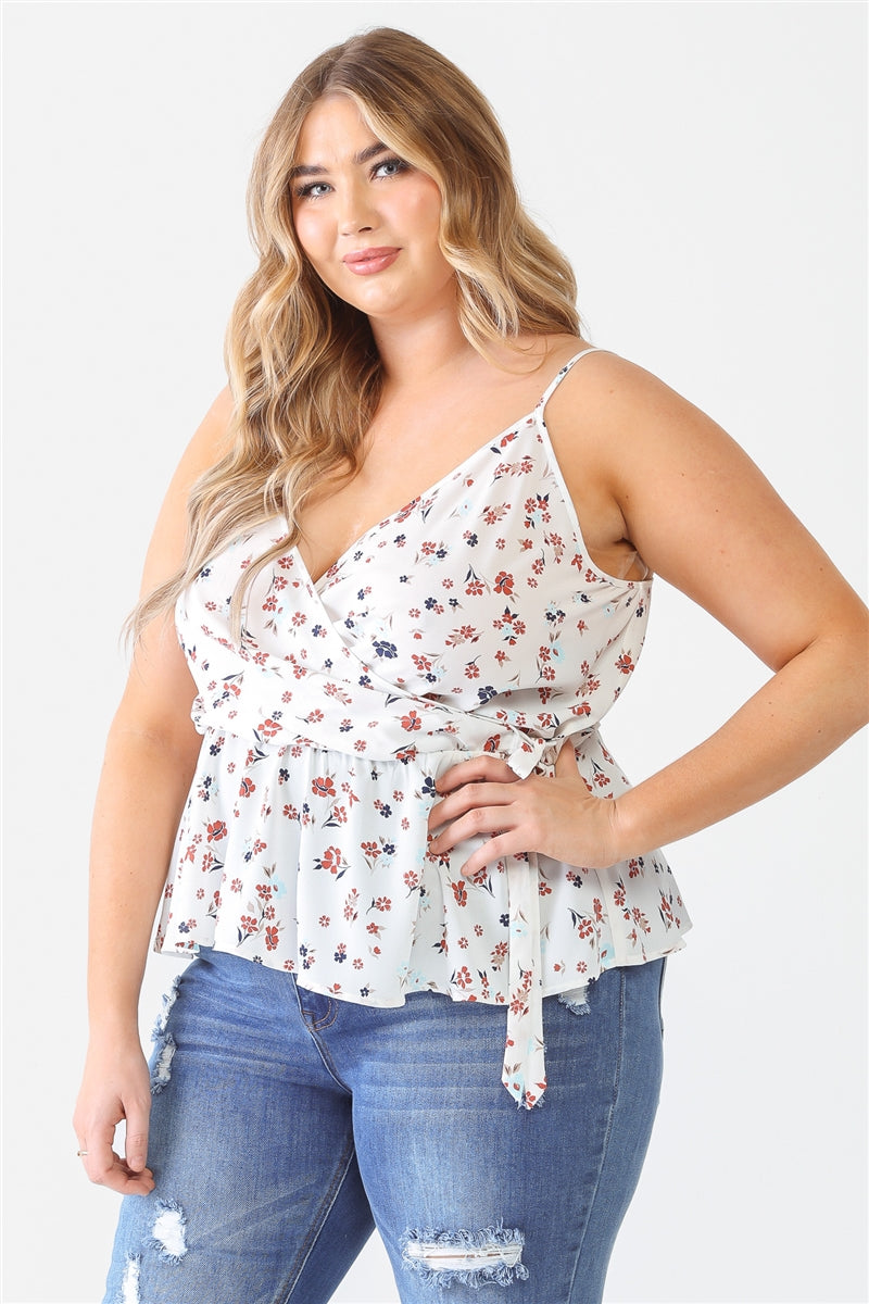 Plus Floral Sleeveless Wrap Neck Flare Hem Top - SIUM