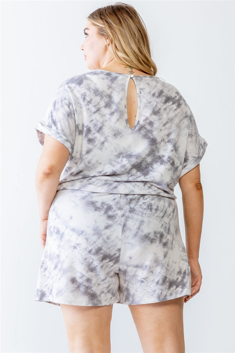 Plus Ivory & Grey Tie-dye Print Two Pocket Romper - SIUM