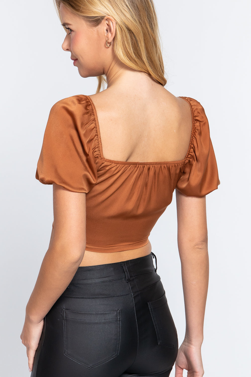 Short Slv Shirring Satin Crop Top - SIUM