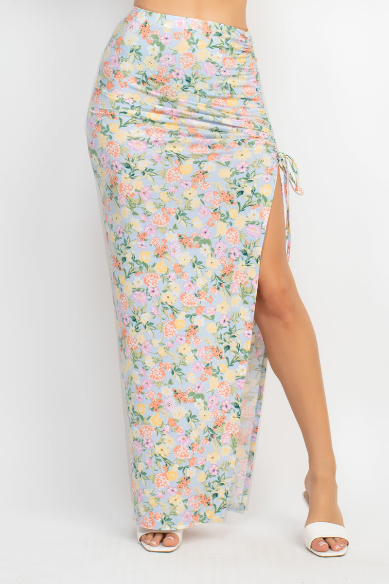 Front Knot Floral Top & Ruched Maxi Skirts Set